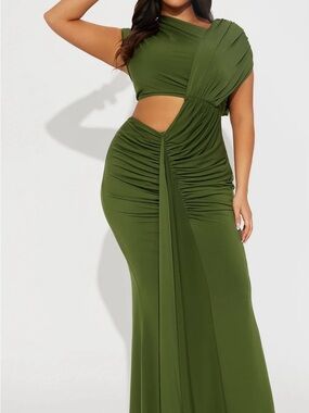 NWT Fashion Nova Olive One-Shoulder Ruched Cutout Gown